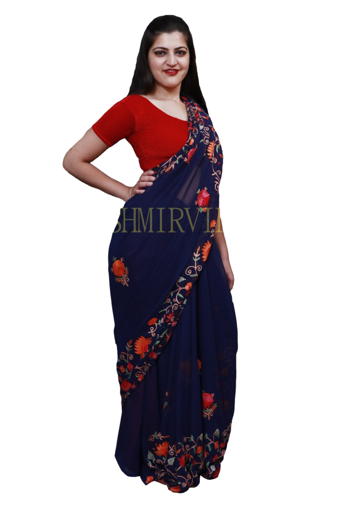 Navy blue colour saree with dense aari jaal on pallu and beautiful ...