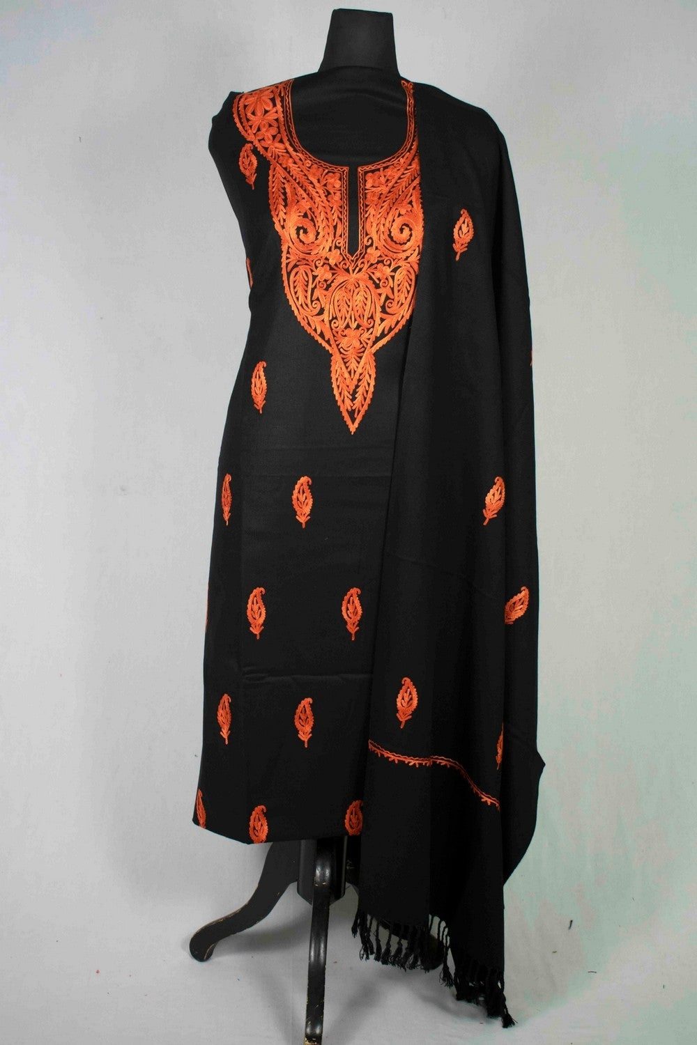 Pitch black color kashmiri aari work heavy neck embroidered salwar
