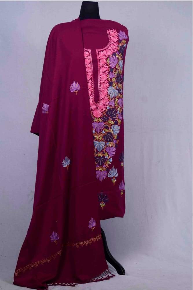 Purple color kashmiri aari work unstitched suit piece with stole ...