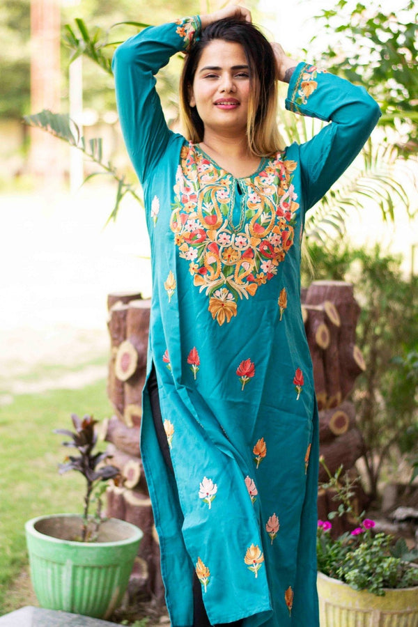 Kashmiri Cotton Kurtis| Aari Work Embroidered Kurti | Multicolor Kurta