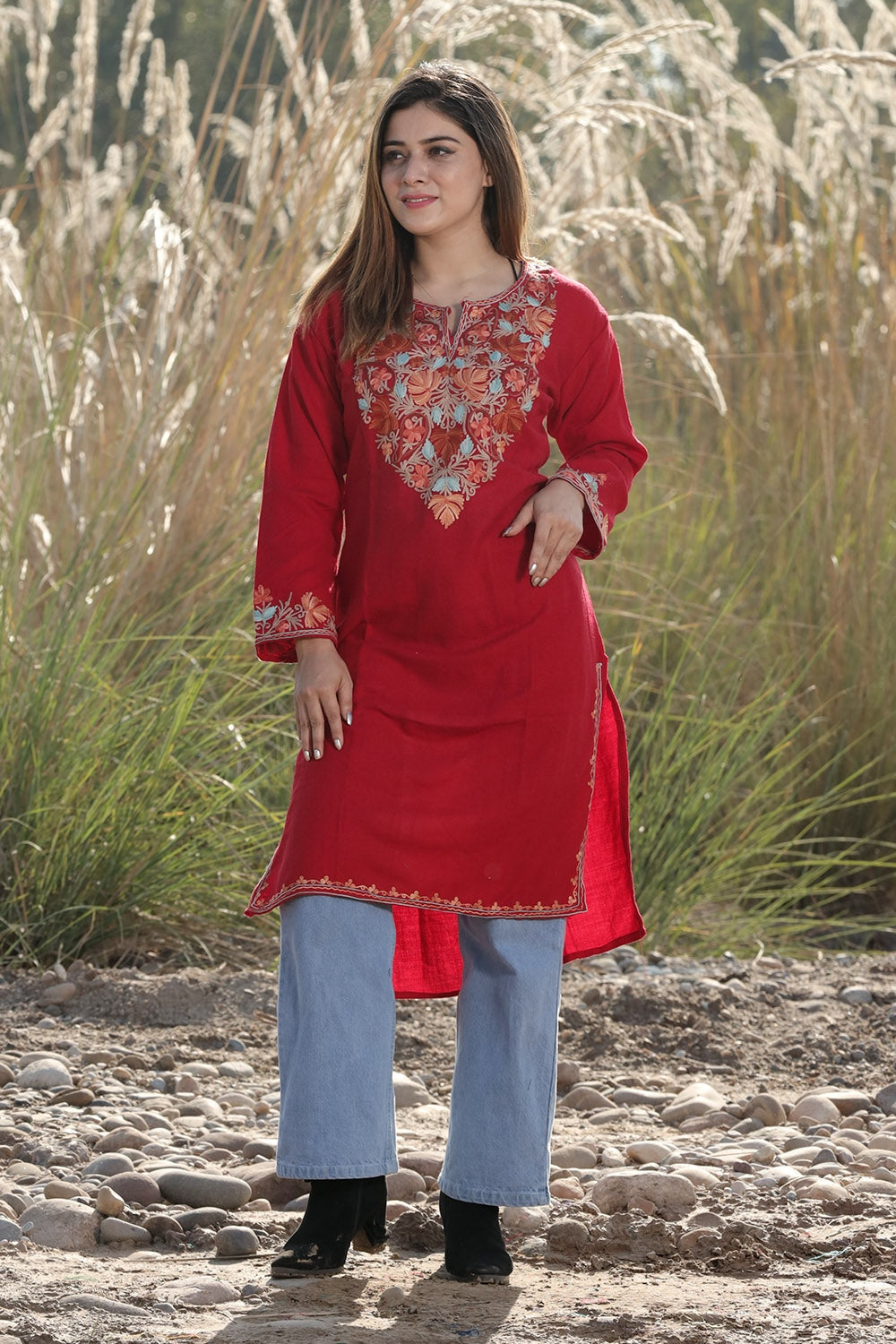 traditional maroon colour aari work embroidered kurti new designer florel pattern woolen 555