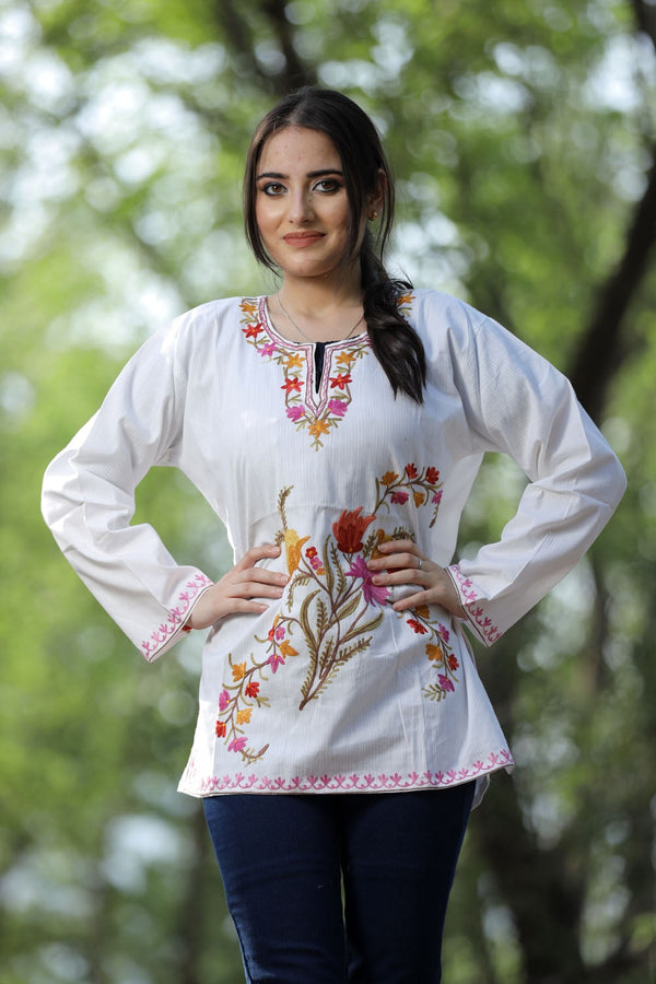 Kashmiri Cotton Kurtis| Aari Work Embroidered Kurti | Multicolor Kurta ...