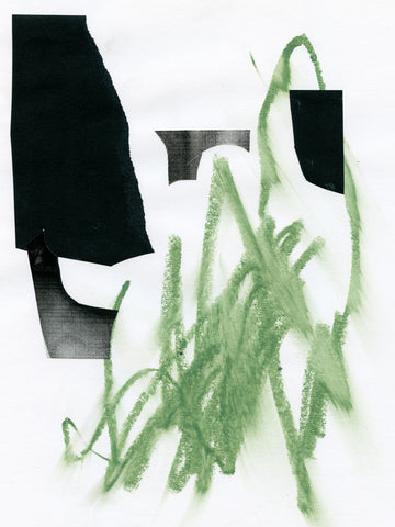 Green collage from Montreal artist Marin Blanc for Costume de bain shower curtain
