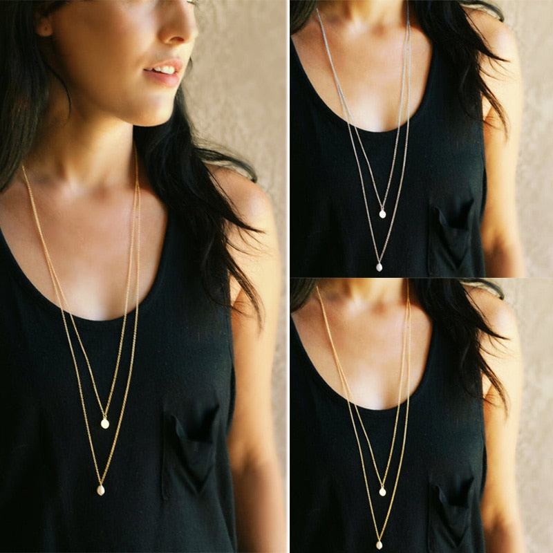 Double Layered Gold Silver Long Chain Pendant Necklace - FRANDELS
