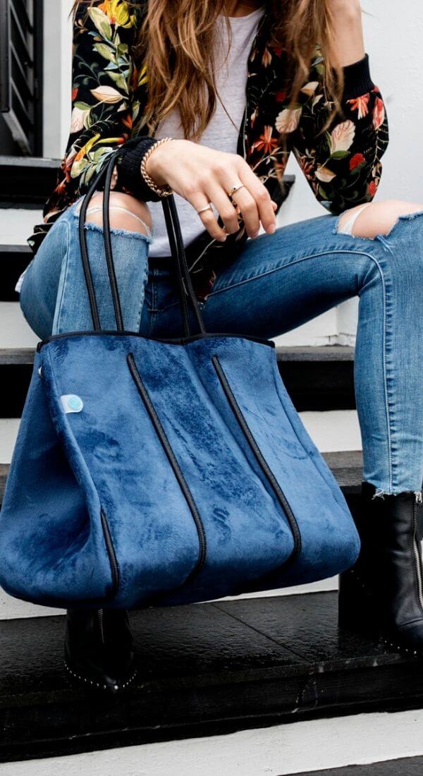 navy blue velvet bag