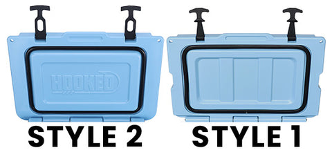Lid Pad Choices - Style 2 is on left and has Hooked embossed in the lid. Style 1 on the right, does not have the Hooked logo embossed on the underside of the lid, it has vertical bars