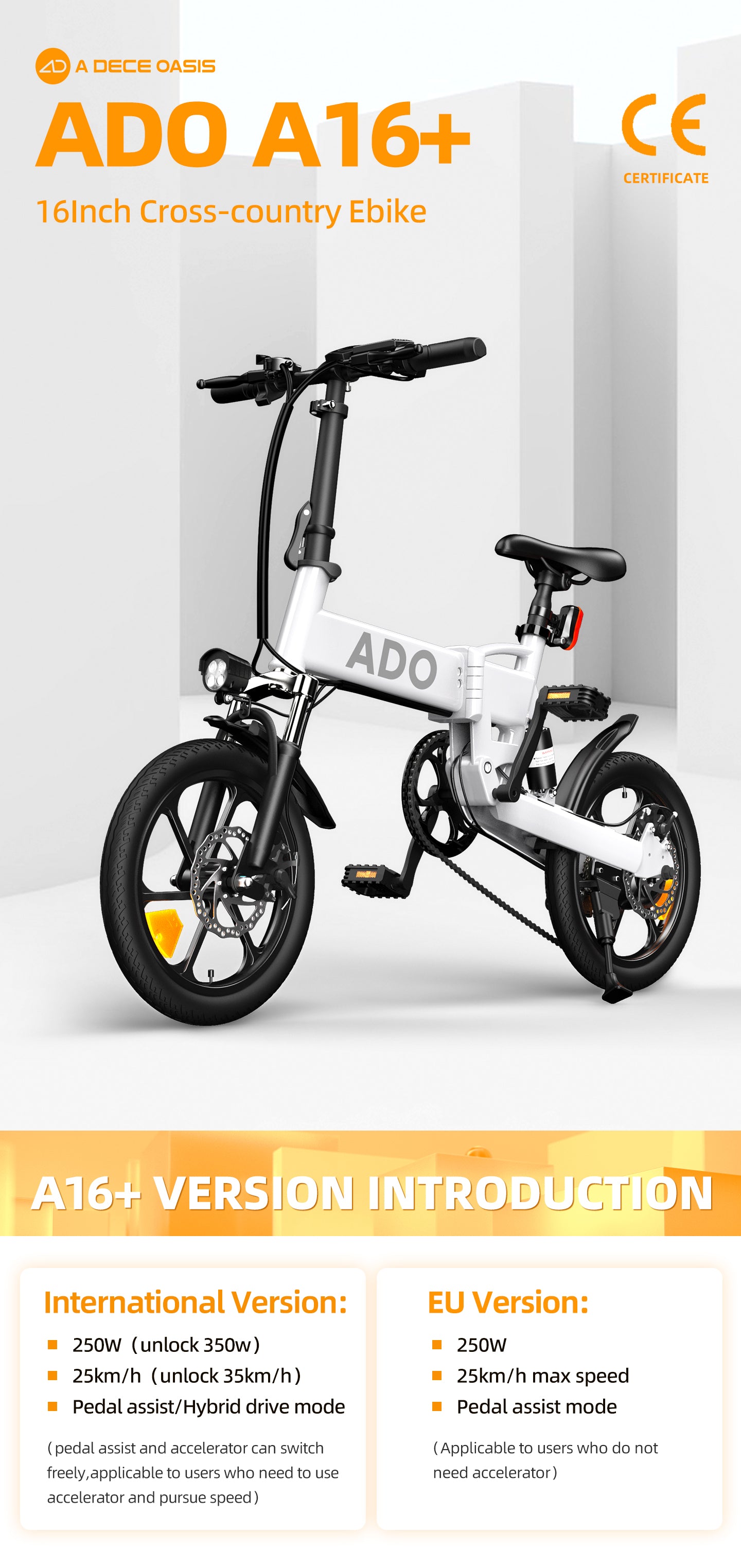 ADO A16+ Folding Electric Bike