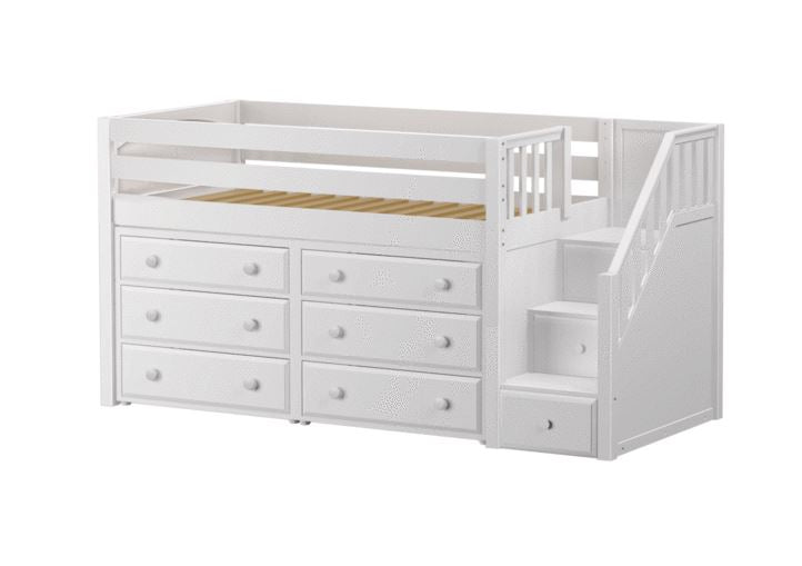 white low loft bed with storage
