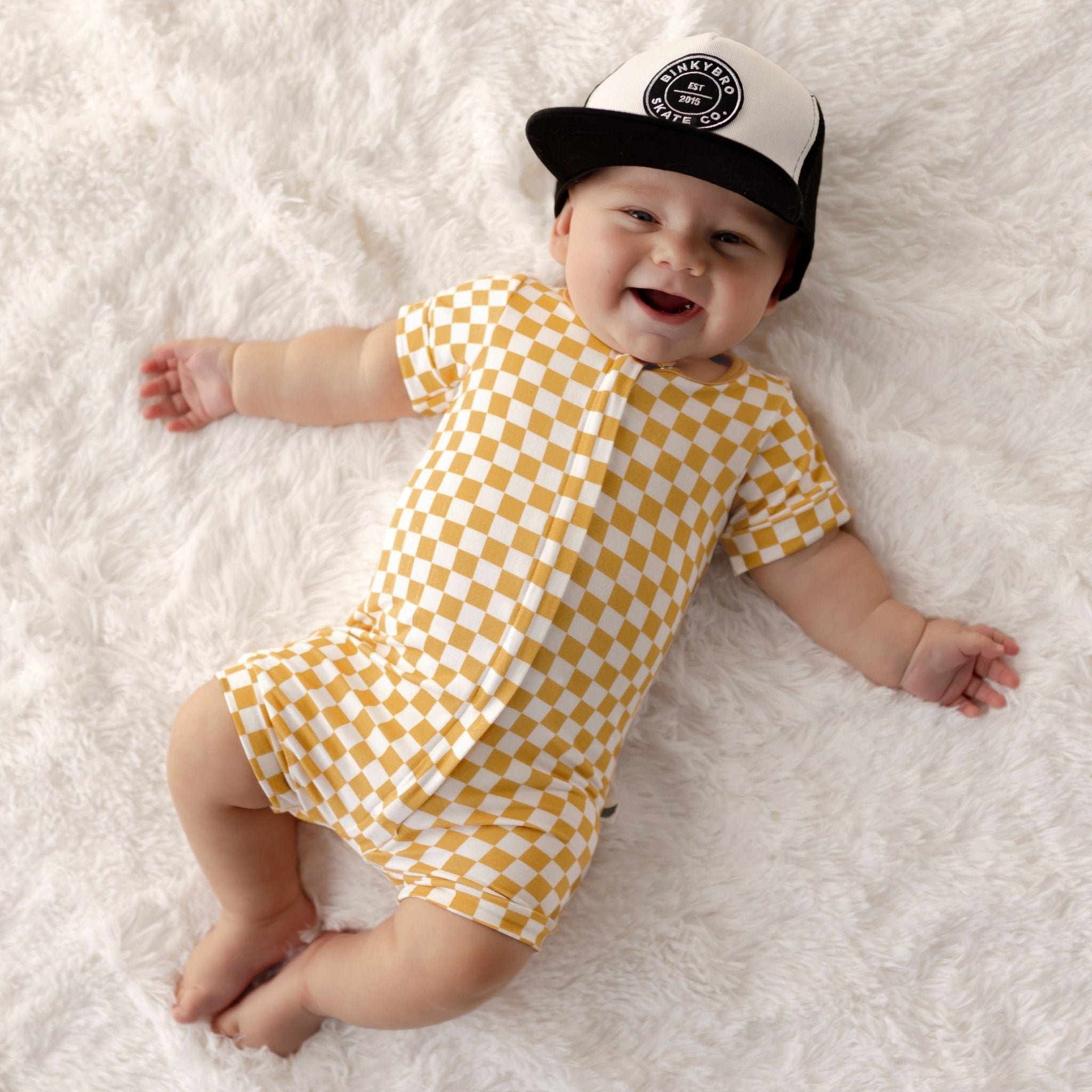 Tan Checkers Short Two-Way Zippy Romper (0-3T)