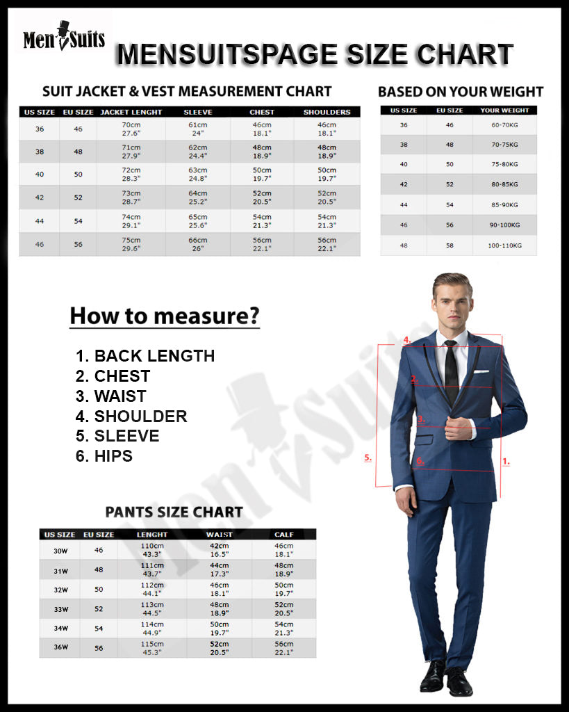 Men's suit size chart, Short Long Big Tall