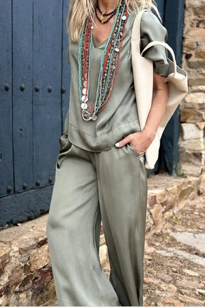 V-neck Top And Wide-leg Pants Set - Nichole's Array Of Elegance 