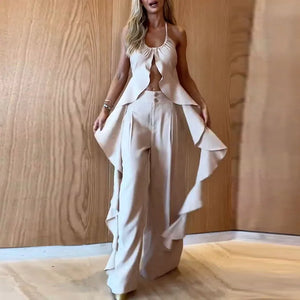 Halter Ruffled Top and Wide Leg Pant Two Piece Set - Nichole's Array Of Elegance 
