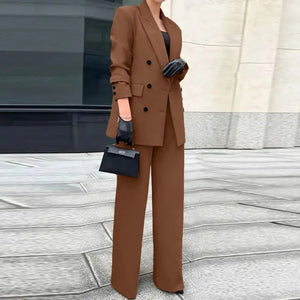 Button Design Long Sleeve Blazer And Wide Leg Trouser Set - Nichole's Array Of Elegance 