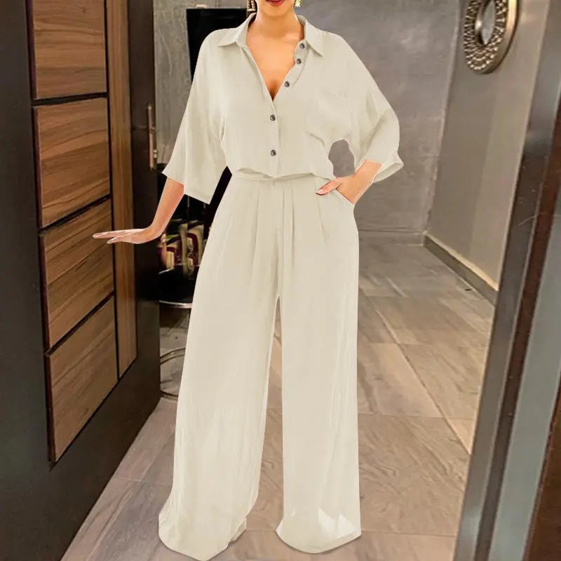 Button Down Blouse and High Waisted Wide Leg Pants Sets