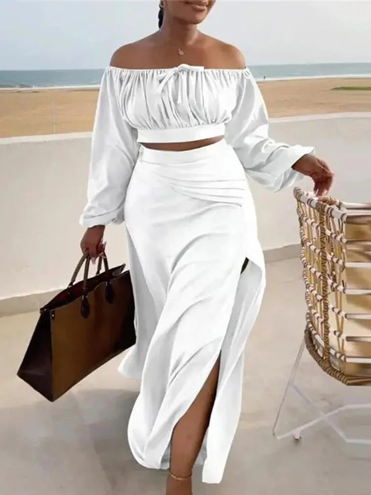 Ruched Lantern Sleeve Top & Slit Skirt Set