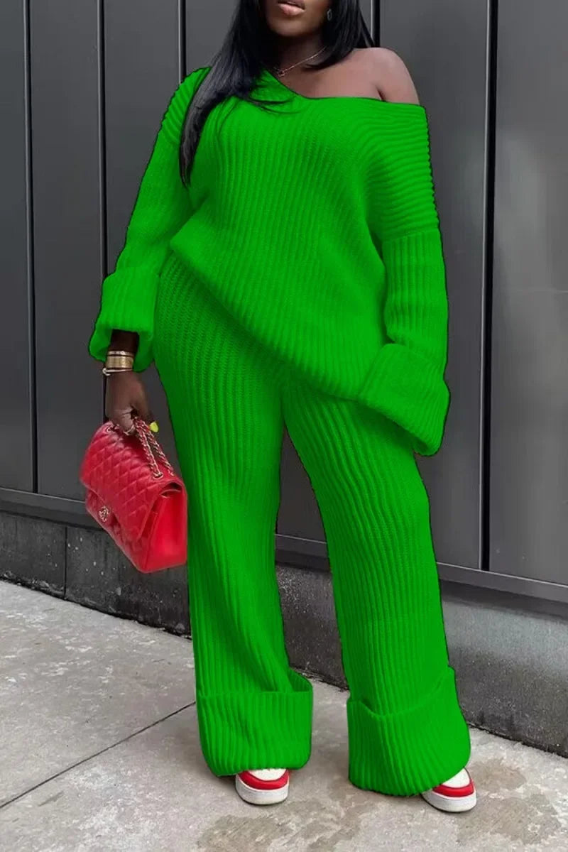 Off Shoulder Loose Knit Two Piece Wide Leg Pants Set