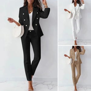 Long Sleeve Vintage Lapel Blazer And Pant Set - Nichole's Array Of Elegance 