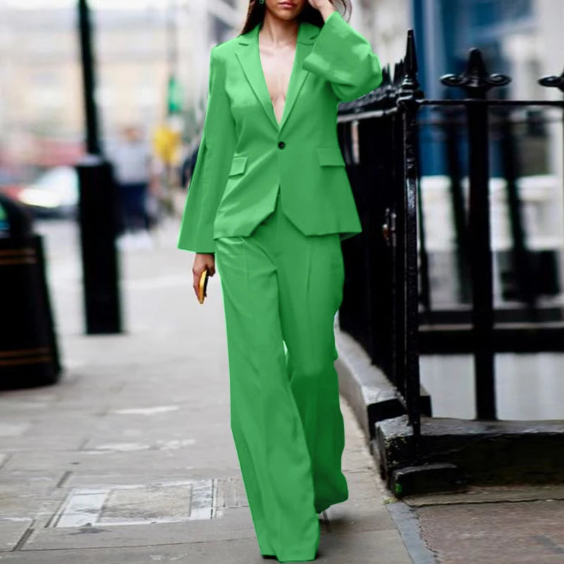 Lapel Neck Long Sleeve Blazer And Wideleg Pants Sets