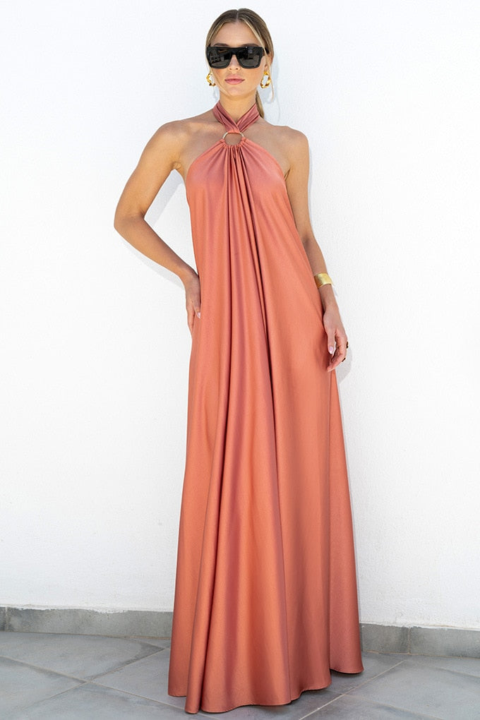 Temperament Satin Sling Halter Neck Backless Hoop Elegant Maxi Dress