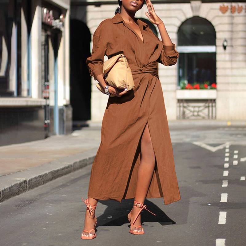 Lapel Long Sleeve Maxi Dress