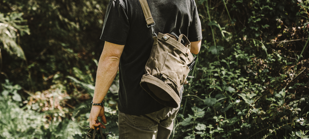 Outdoors foraging with the Barebones Foraging Bag