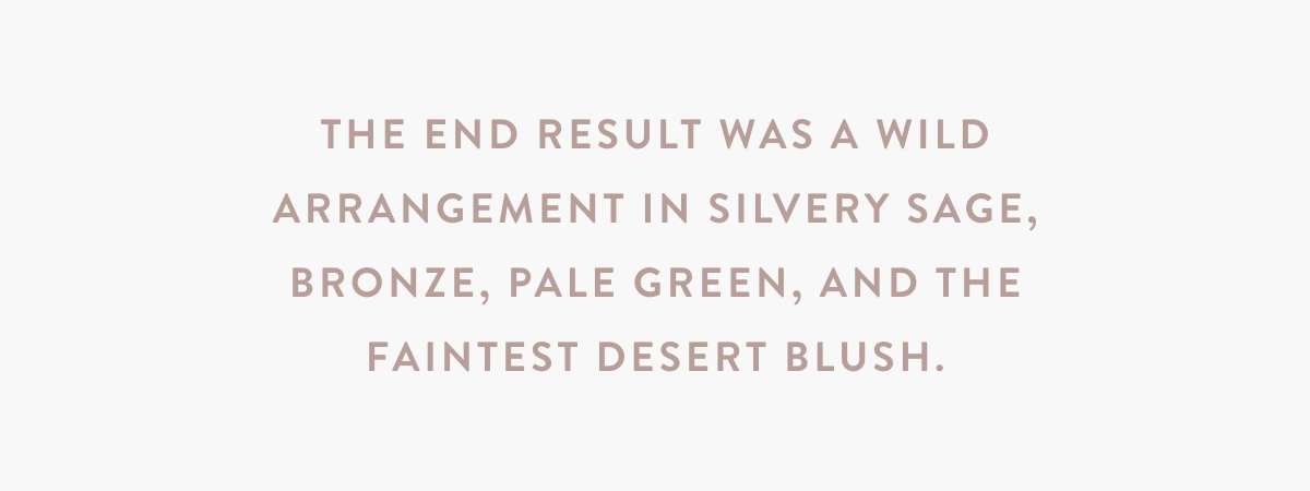 최종 결과는 은빛 세이지, 브론즈, 옅은 녹색 및 가장 희미한 사막 홍당무의 야생 배열이었습니다.