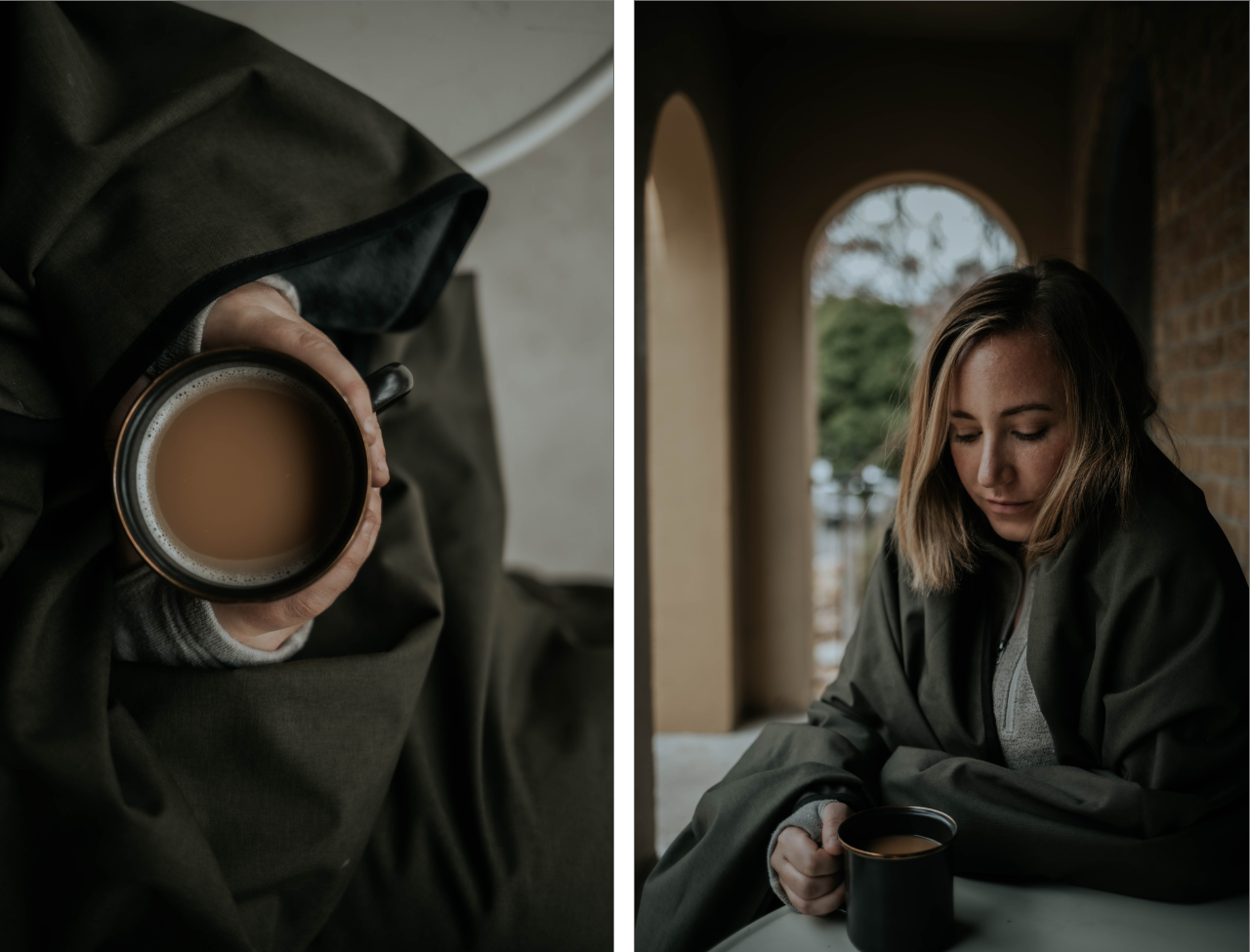 Two photos of a women wrapped in a blanket drinking coffee outside