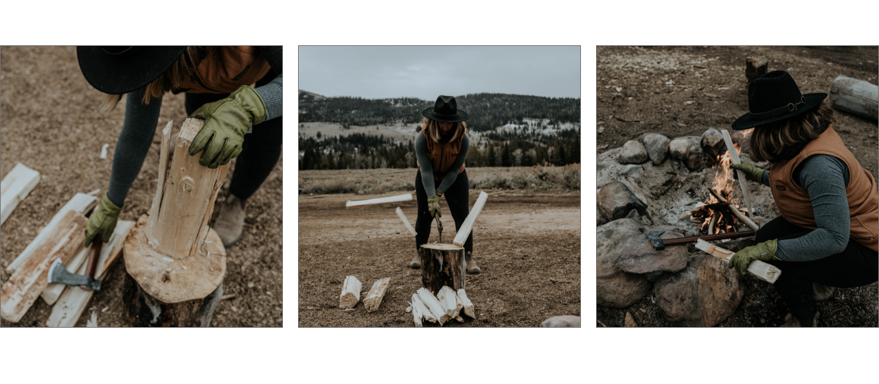 Three photos of a women chopping wood and building a fire outside