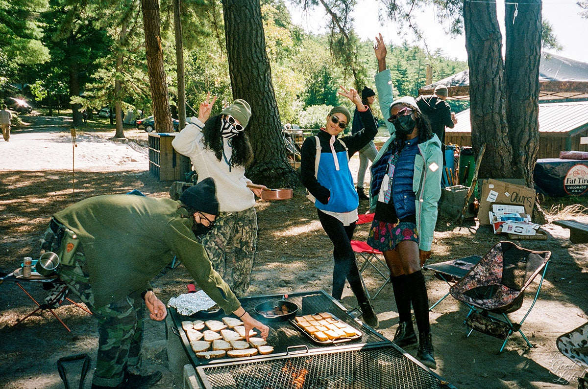Campers use Barebones grills and skillets to cook vegan meals