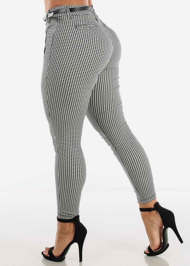 High Waisted Skinny Checkered Pants with Belt