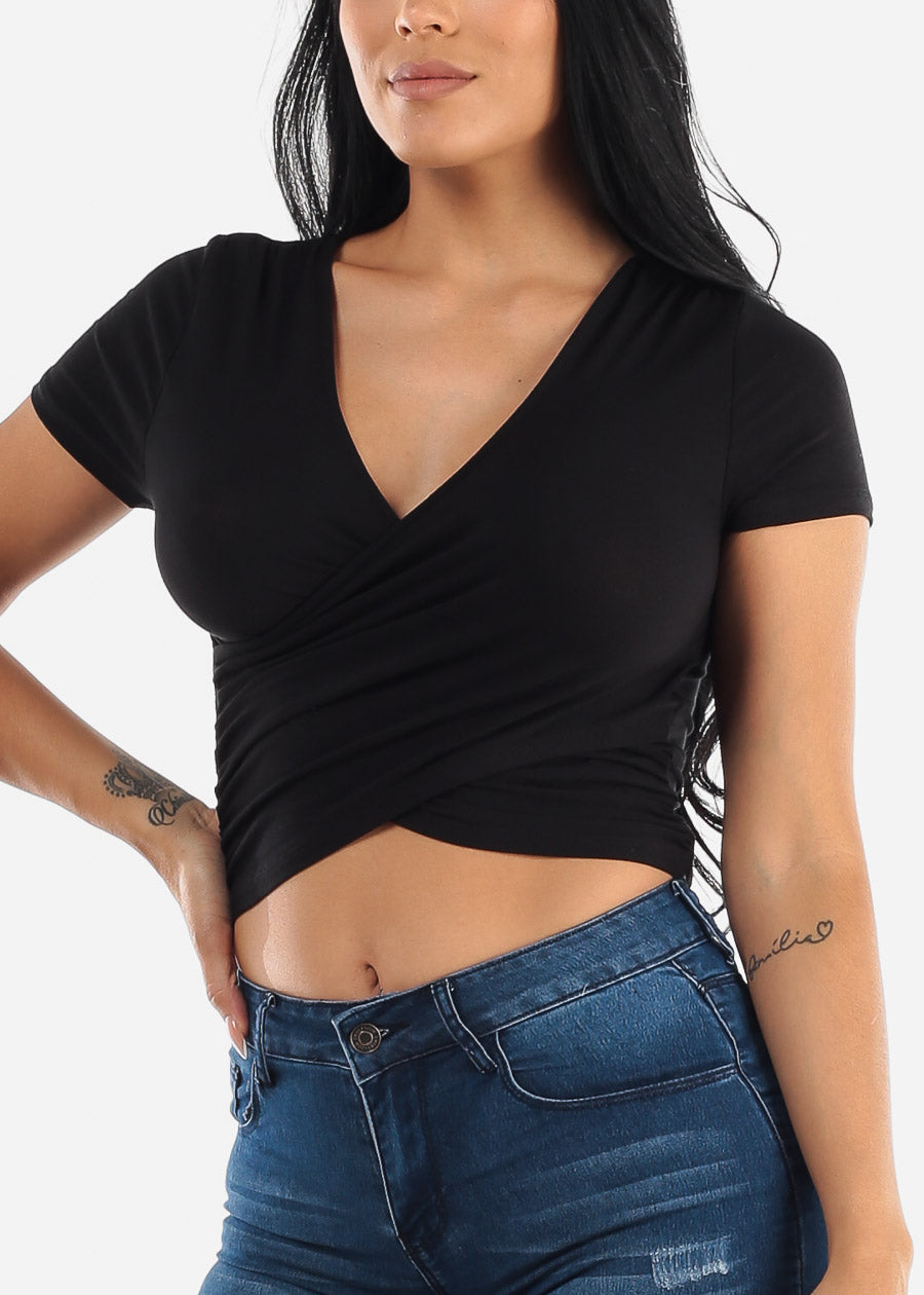 short sleeve black wrap top