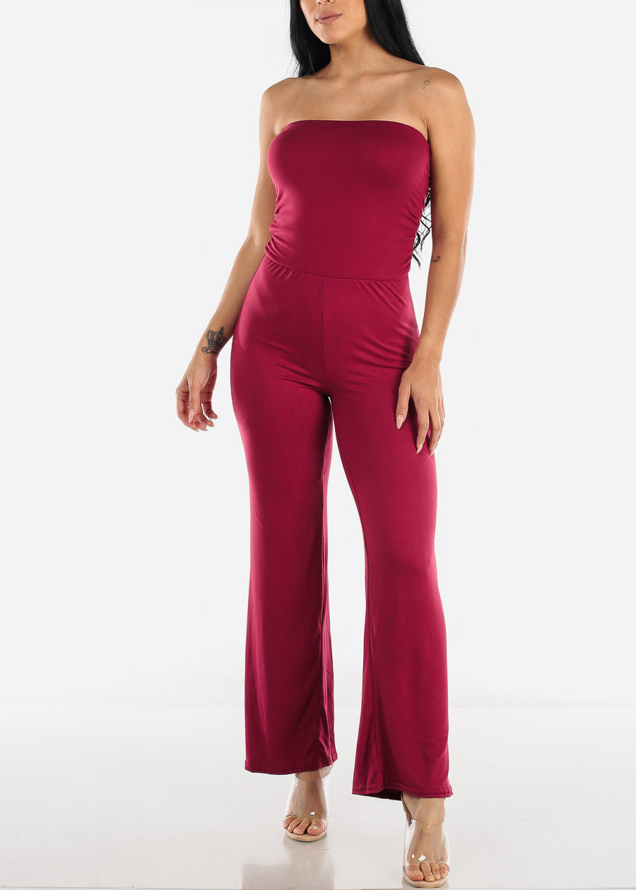 burgundy strapless jumpsuit