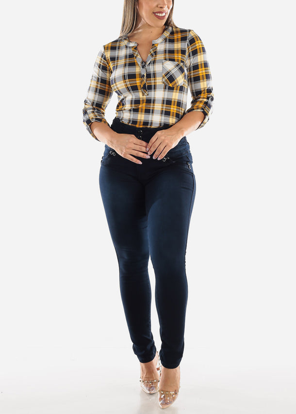 Yellow & Navy Half Button Up Plaid Blouse