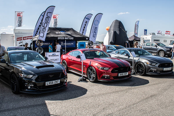 Ford's supercharged demo Mustang GT on Velgen Split 5s was on Steeda stand at Ford Fair 2018