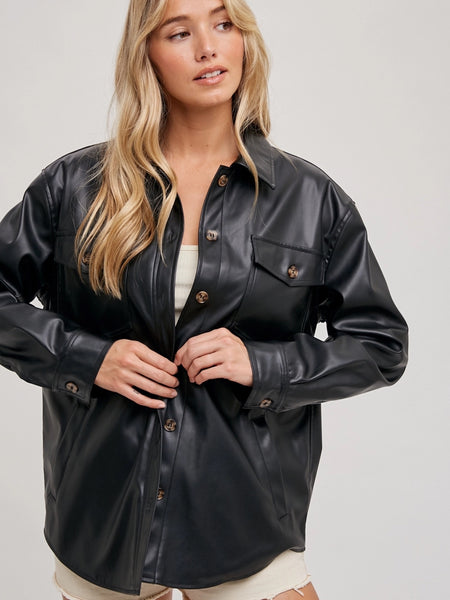 Black vegan leather button down shacket with pockets.
