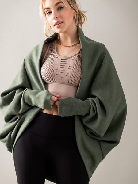 Olive cozy chunky knit with oversized batwing sleeves