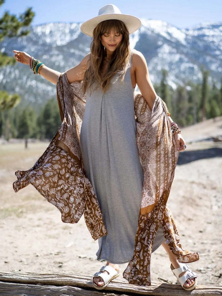 Grey bralette maxi dress loose and flowy fit, flattering scoop neckline with a single front pleat, a cute ruched back yoke, comfortable thick tank top straps, and a round bottom hemline.