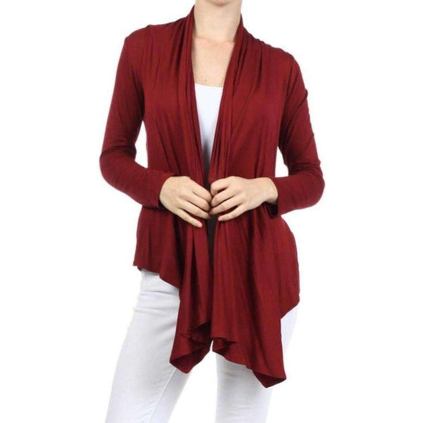 Womens Clothing Open Front Cardigan Red Maroon Angled Hem Front View