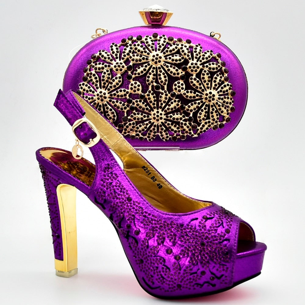 purple evening shoes and matching bag