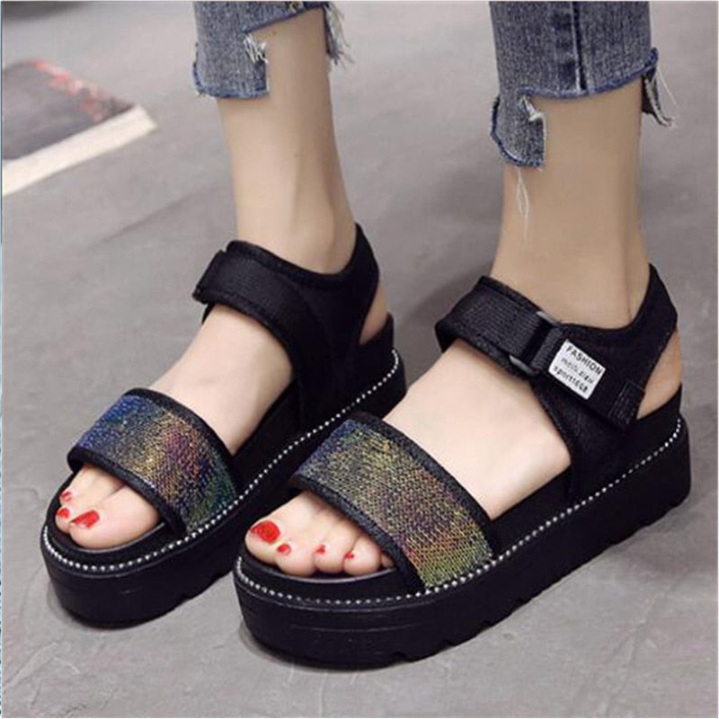 black flat platform sandals