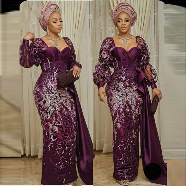 Dubai African Aso Ebi Evening Dresses With Sequined Lace Appliques Mer ...