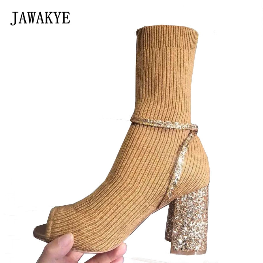 sock ankle boots peep toe