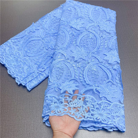 Latest Teal African French Lace Fabric High Quality Guipure Lace Chemical Lace Fabric flocking with Sequins For Wedding HL62001