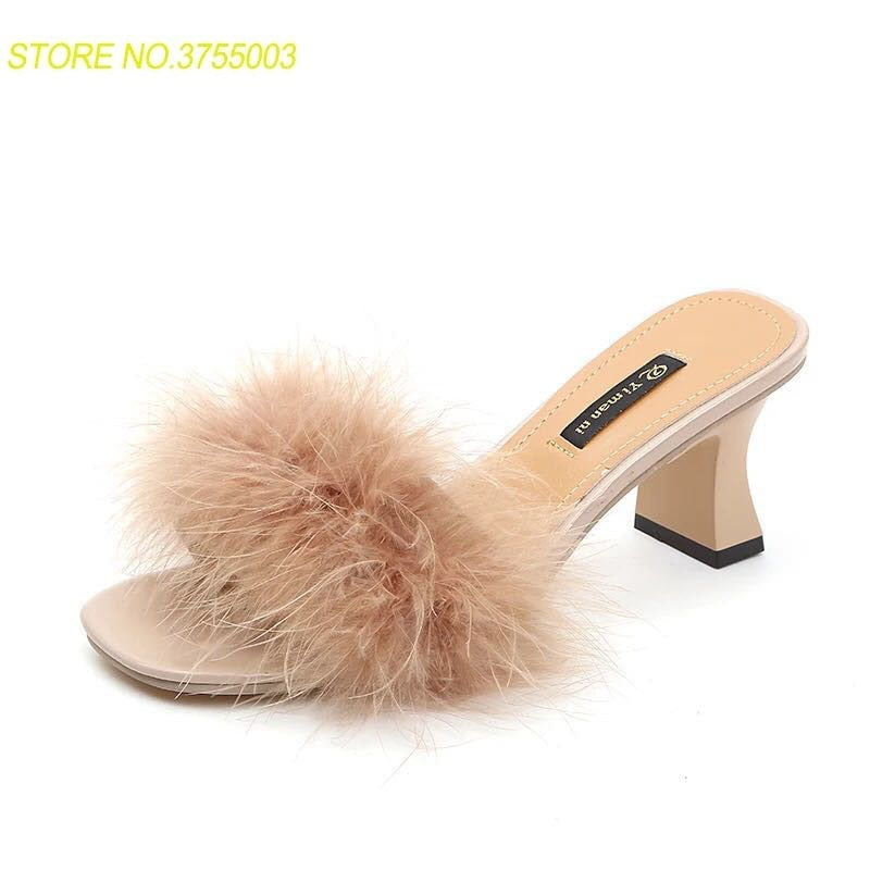 fluffy heeled slippers