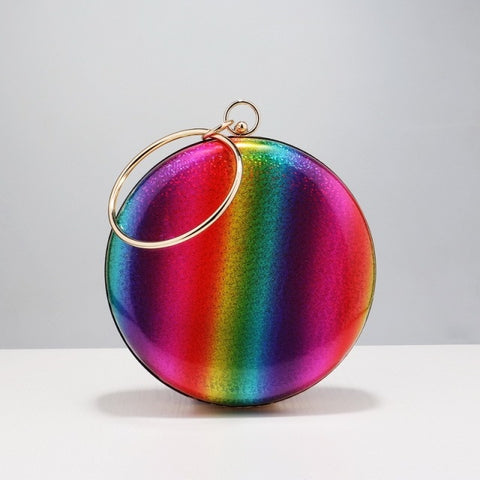 PU Fashion Rainbow Color Women Day Clutch Lady Party Circular Design Evening Bags With Diamonds Metal Shoulder Purse
