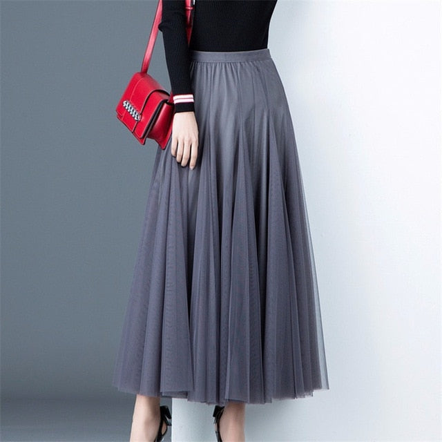 high waisted long pleated skirt