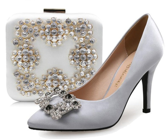 silver grey wedding shoes and bag