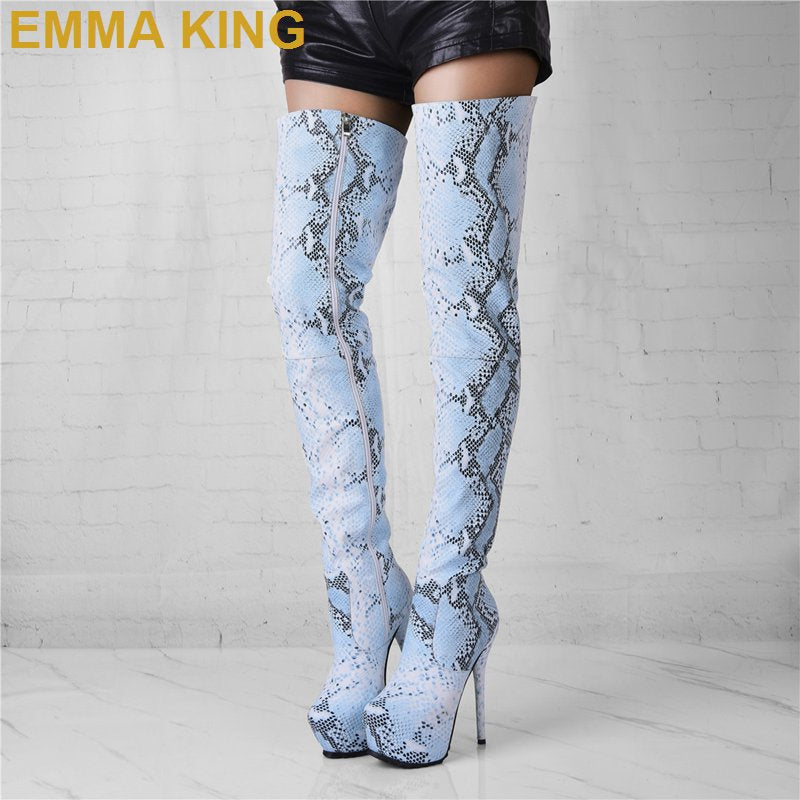 snake print thigh high boots