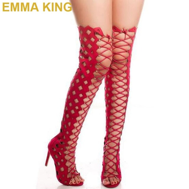 red thigh high peep toe boots