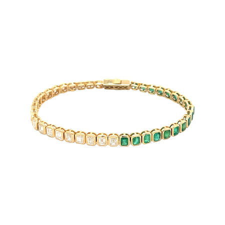 Half Emerald & Half Diamond, Emerald Cut Tennis Bracelet  14K Yellow Gold 4.58 Diamond Carat Weight 4.41 Emerald Carat Weight 7.0" Length